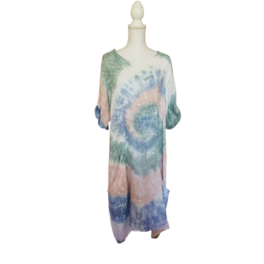 Prontomoda XL Linen Dress Pastel Tie Dyed Lagenlook Asymmetrical Pockets Beachy